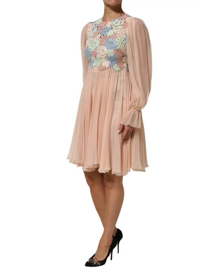 Dolce &amp; Gabbana Pink Floral Embroidery Pleated A-line Dress