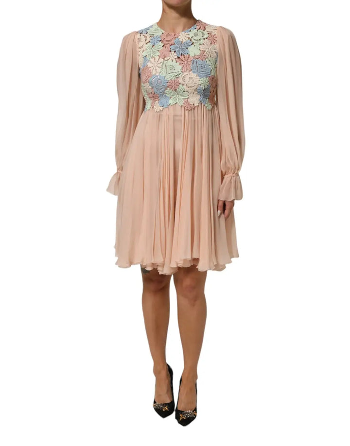 Dolce &amp; Gabbana Pink Floral Embroidery Pleated A-line Dress