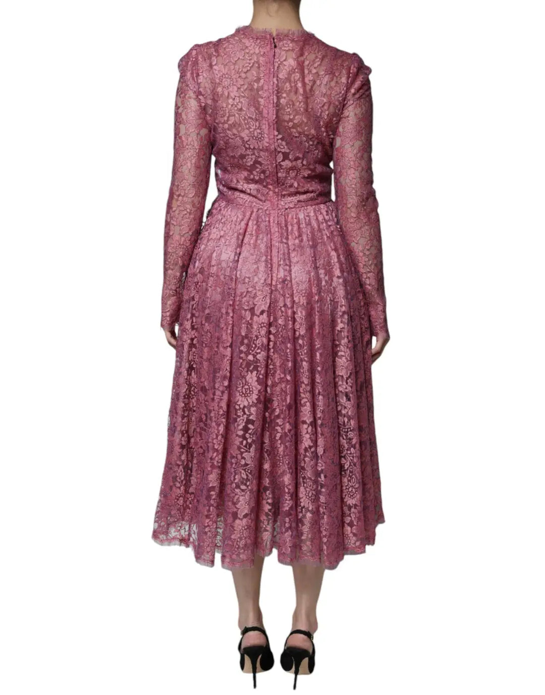 Dolce &amp; Gabbana Pink Floral Lace Long Sleeve Midi Dress