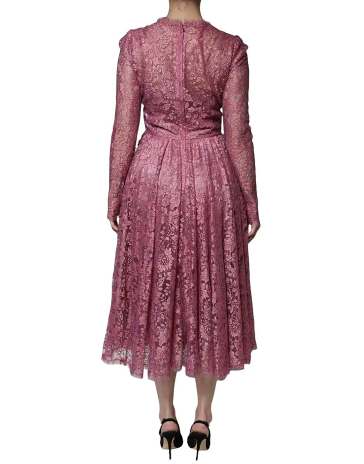 Dolce &amp; Gabbana Pink Floral Lace Long Sleeve Midi Dress