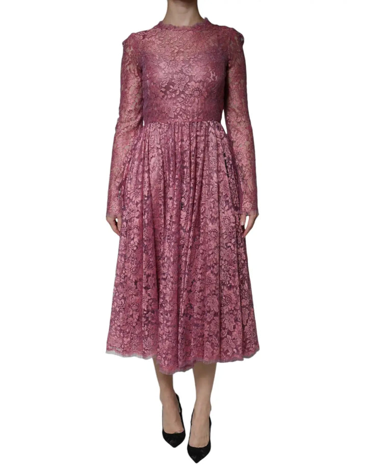 Dolce &amp; Gabbana Pink Floral Lace Long Sleeve Midi Dress