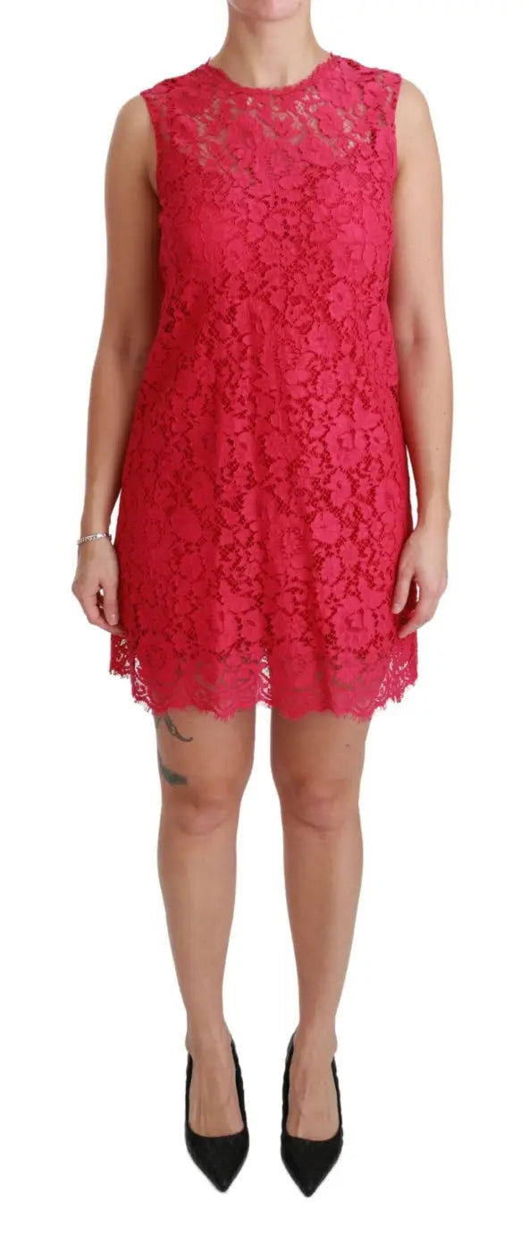 Dolce &amp; Gabbana Pink Floral Lace Shift Gown Mini Dress