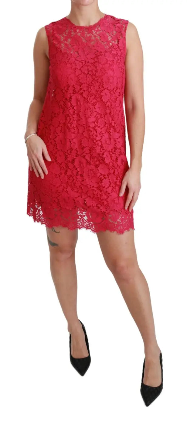 Dolce &amp; Gabbana Pink Floral Lace Shift Gown Mini Dress