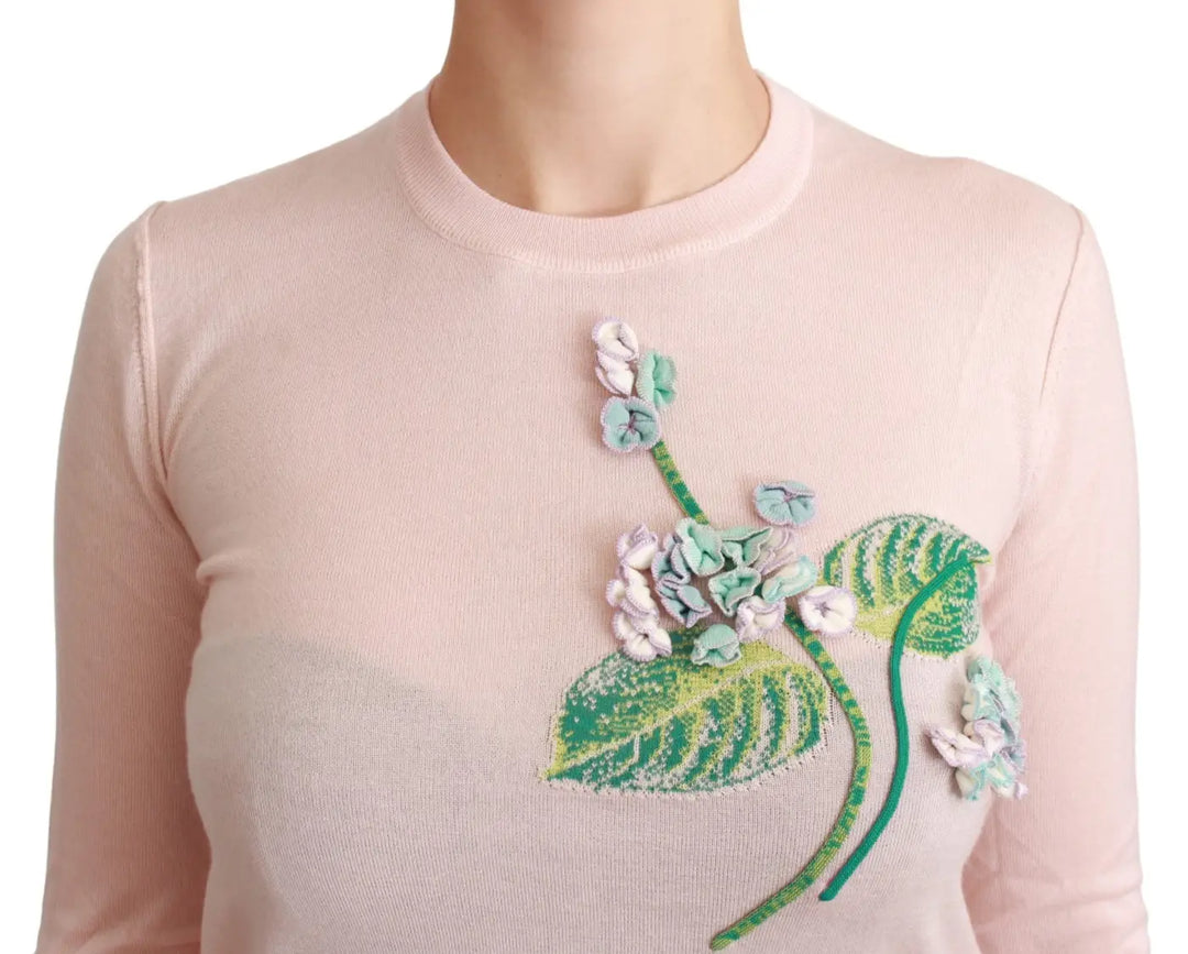 Dolce &amp; Gabbana Pink Floral Silk Cashmere Pullover Sweater