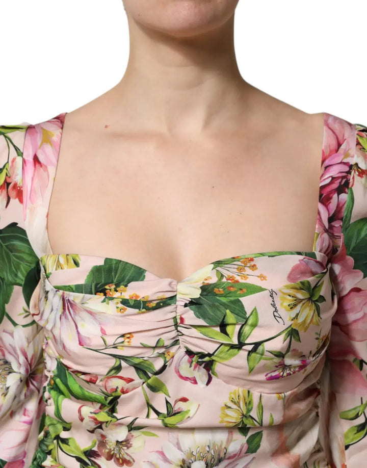 Dolce &amp; Gabbana Pink Floral Silk Fit And Flared Midi Dress