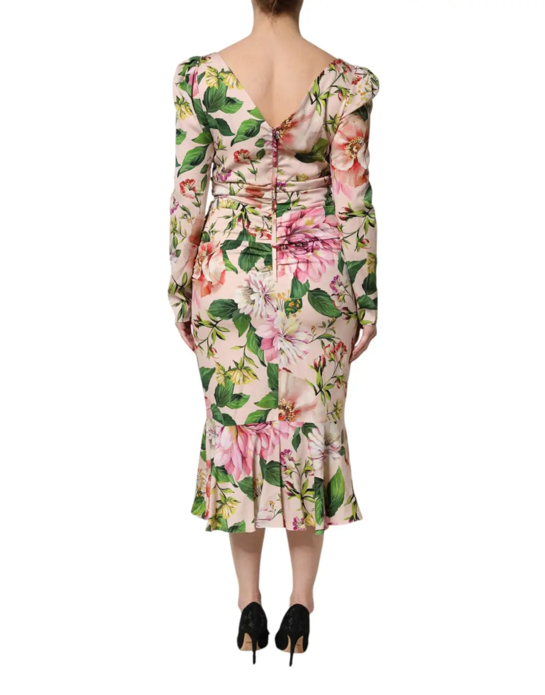 Dolce &amp; Gabbana Pink Floral Silk Fit And Flared Midi Dress
