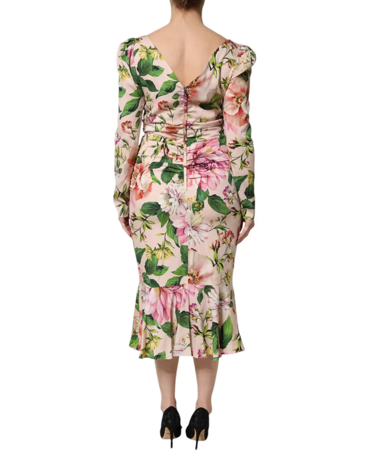 Dolce &amp; Gabbana Pink Floral Silk Fit And Flared Midi Dress