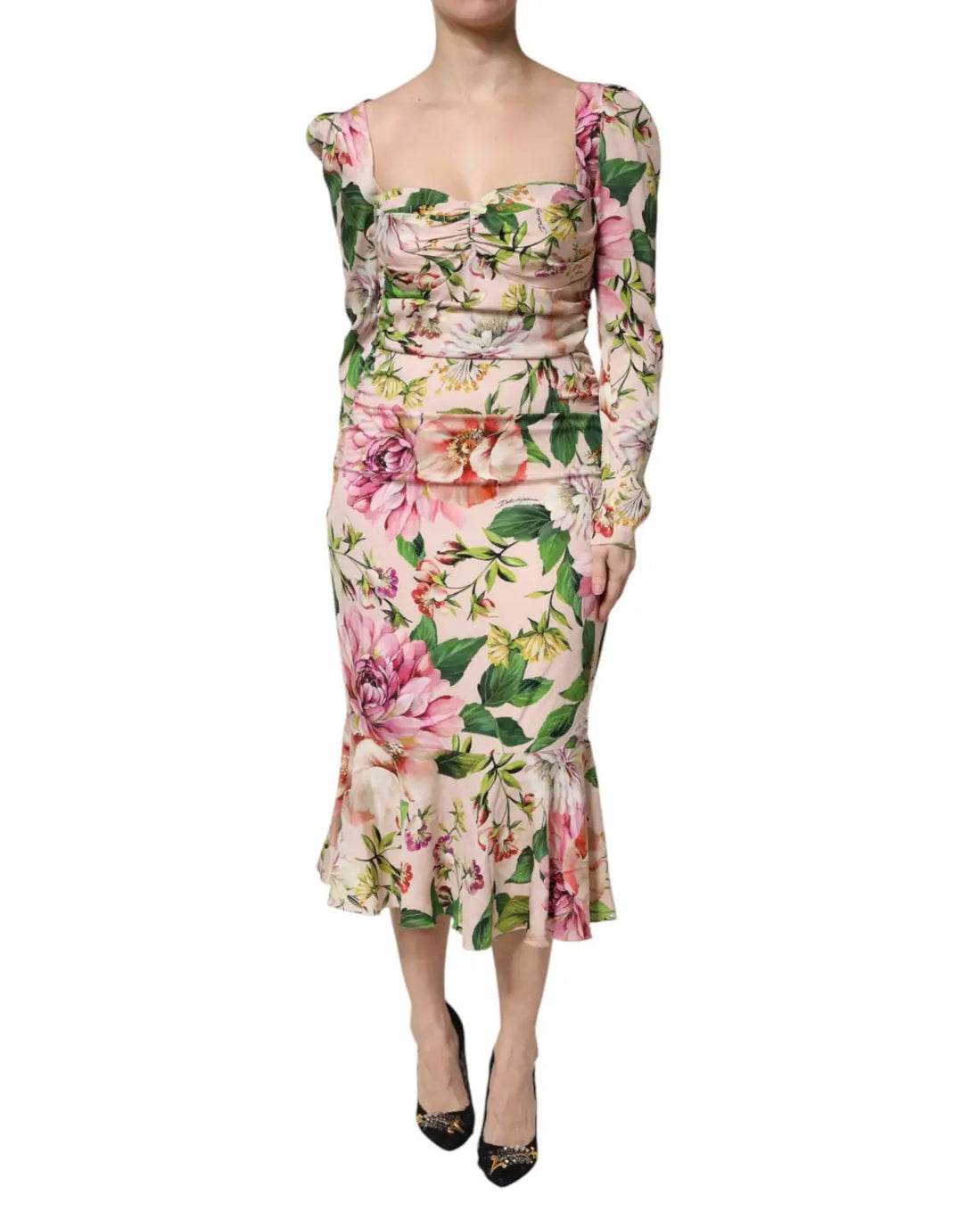 Dolce &amp; Gabbana Pink Floral Silk Fit And Flared Midi Dress