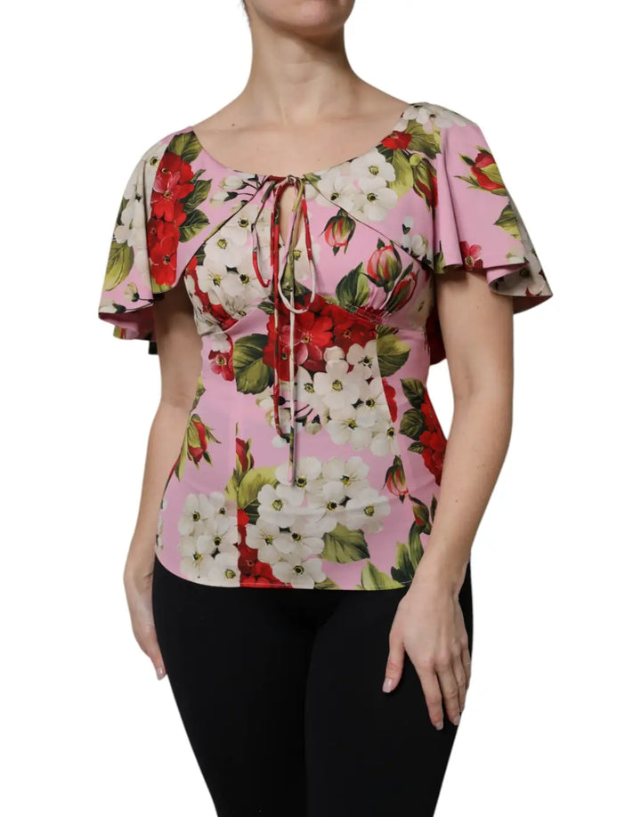 Dolce &amp; Gabbana Pink Floral Silk Short Sleeves Blouse Top