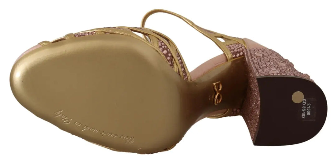 Dolce &amp; Gabbana Pink Gold Leather Crystal Pumps T-strap Shoes