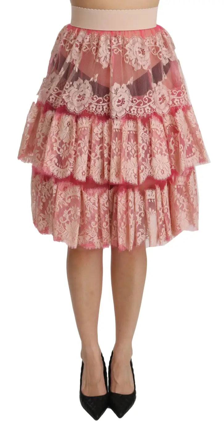 Dolce &amp; Gabbana Pink Lace Layered High Waist Knee Length Skirt