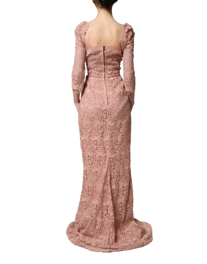 Dolce &amp; Gabbana Pink Lace Long-Sleeved Evening Gown Dress