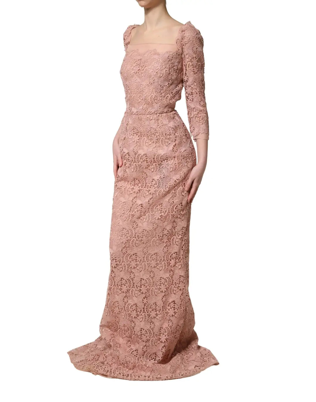 Dolce &amp; Gabbana Pink Lace Long-Sleeved Evening Gown Dress