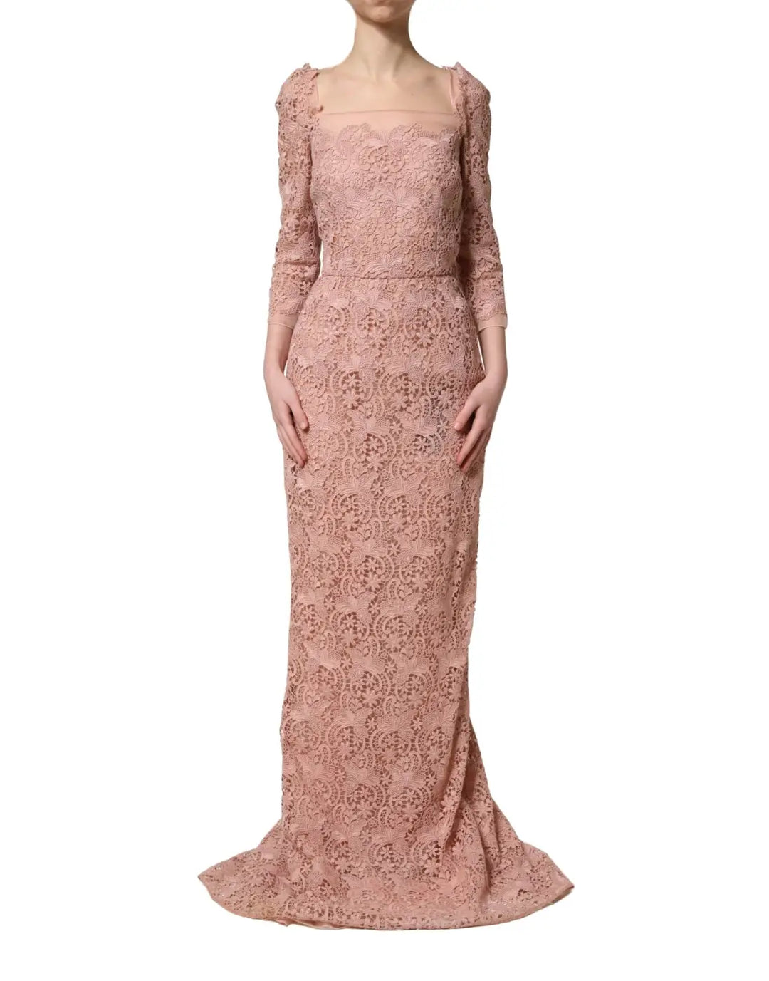Dolce &amp; Gabbana Pink Lace Long-Sleeved Evening Gown Dress