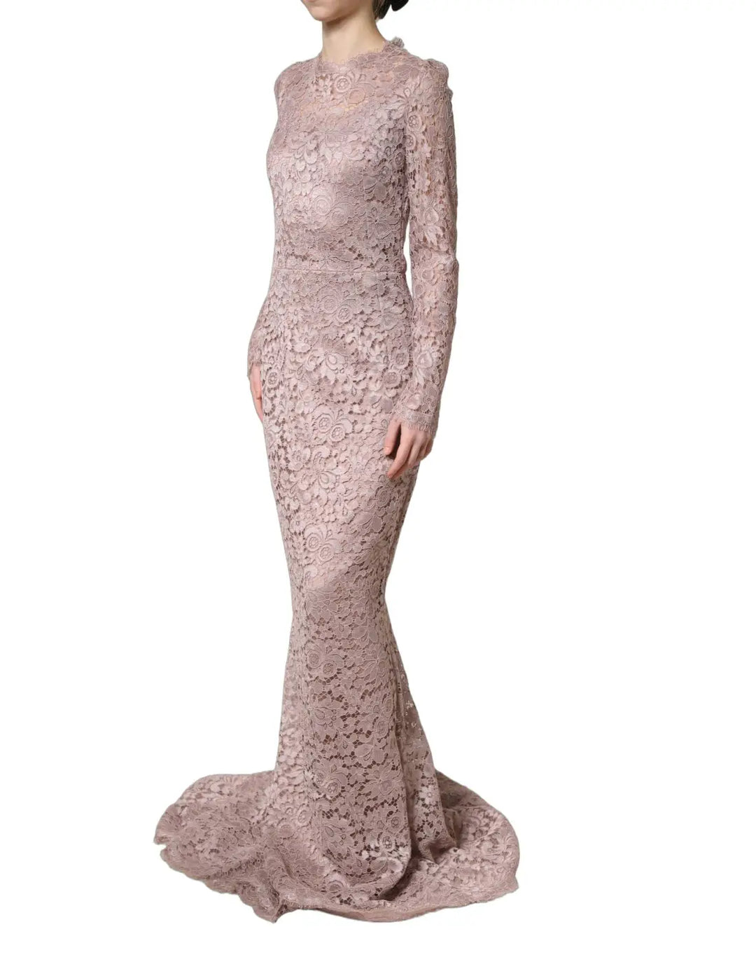 Dolce &amp; Gabbana Pink Lace Long Sleeves Evening Gown Dress