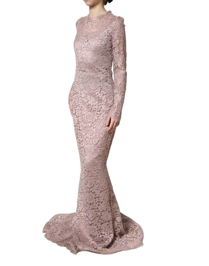 Dolce &amp; Gabbana Pink Lace Long Sleeves Evening Gown Dress