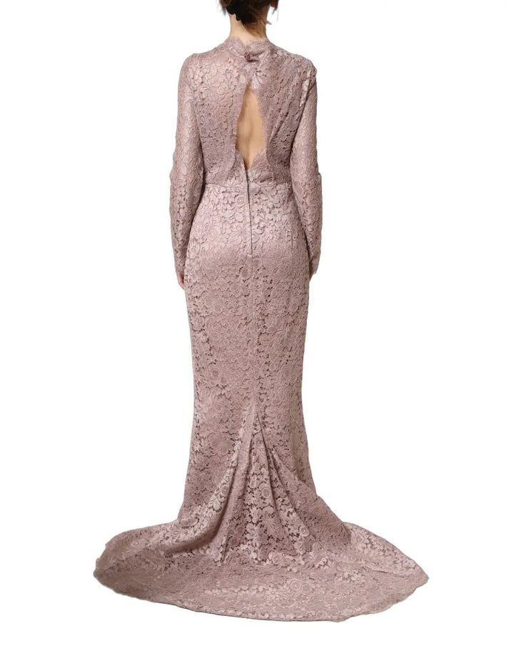 Dolce &amp; Gabbana Pink Lace Long Sleeves Evening Gown Dress