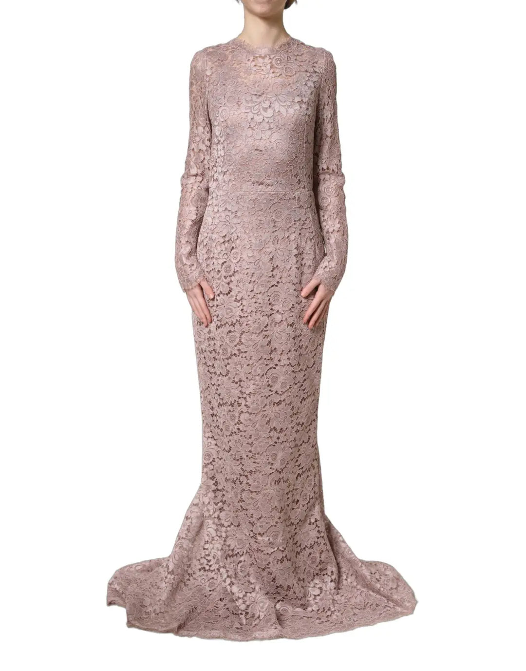 Dolce &amp; Gabbana Pink Lace Long Sleeves Evening Gown Dress