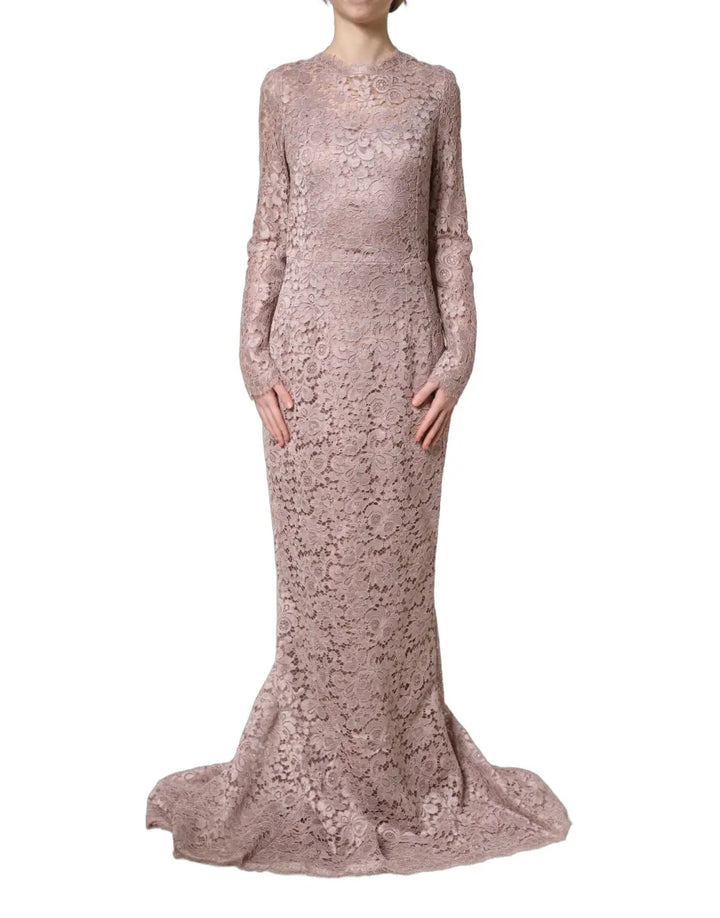 Dolce &amp; Gabbana Pink Lace Long Sleeves Evening Gown Dress