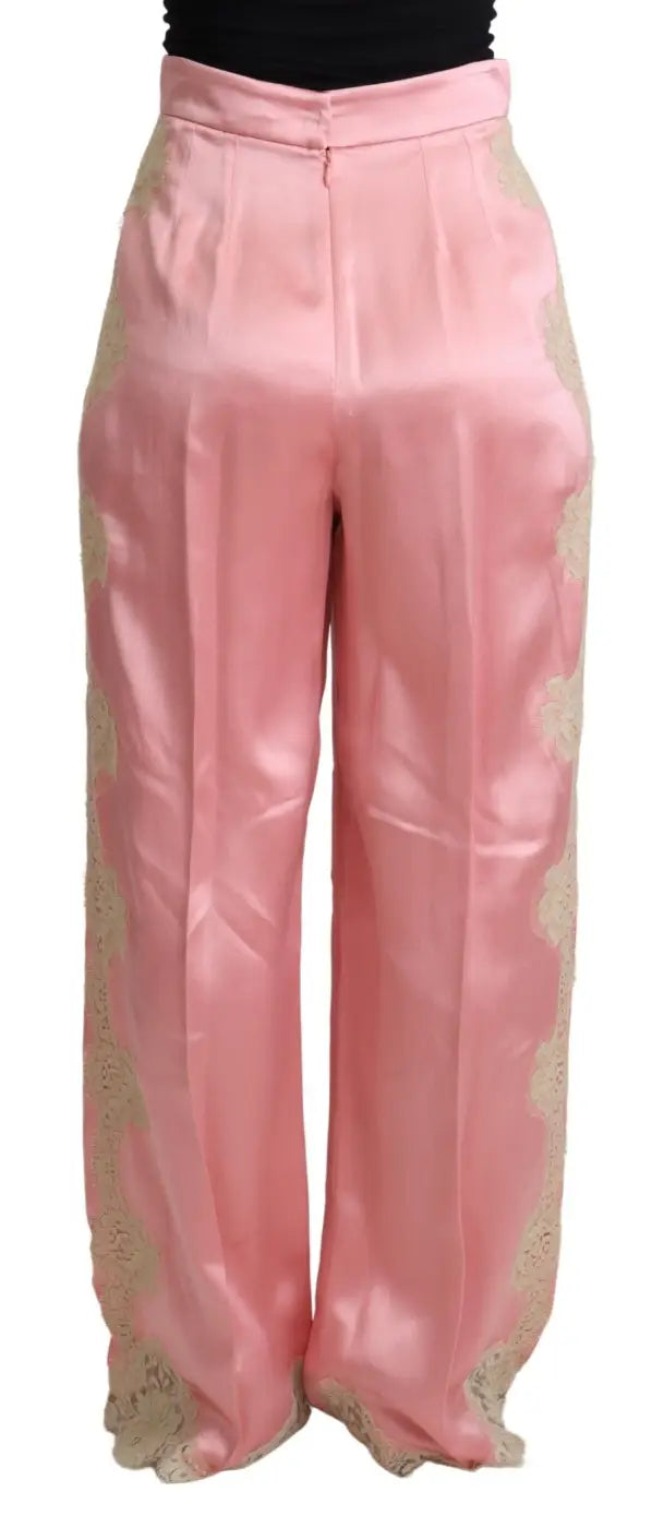 Dolce &amp; Gabbana Pink Lace Trimmed Silk Satin Wide Legs Pants