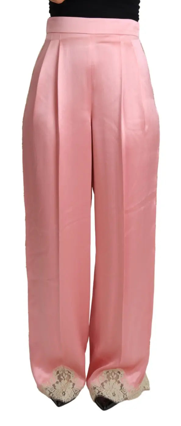 Dolce &amp; Gabbana Pink Lace Trimmed Silk Satin Wide Legs Pants