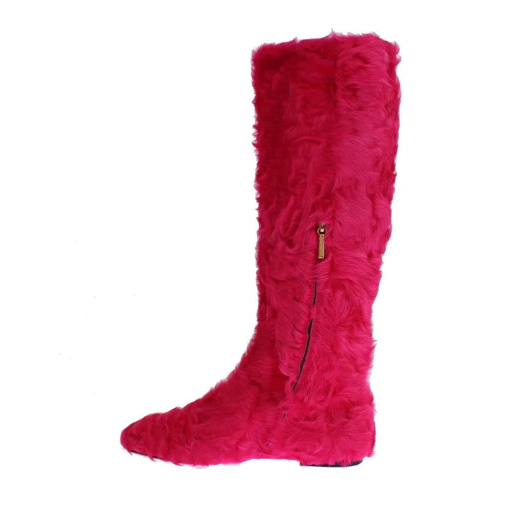 Dolce & Gabbana Pink Lamb Fur Leather Flat Boots