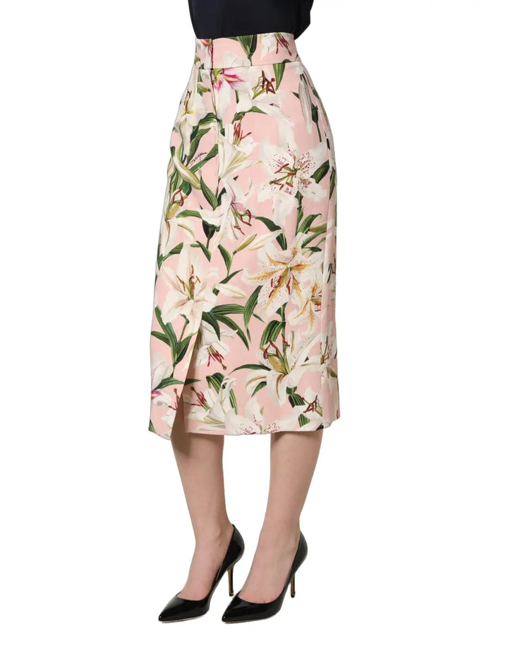 Dolce &amp; Gabbana Pink Lilium Print High Waist Pencil Skirt