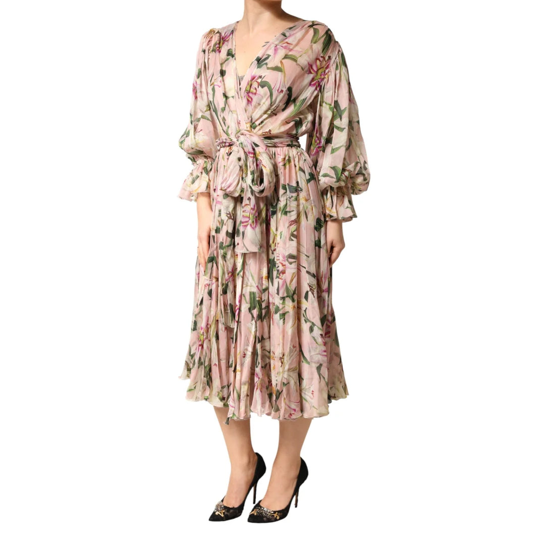 Dolce &amp; Gabbana Pink Lily Print Silk Maxi Dress with Pleated Detail