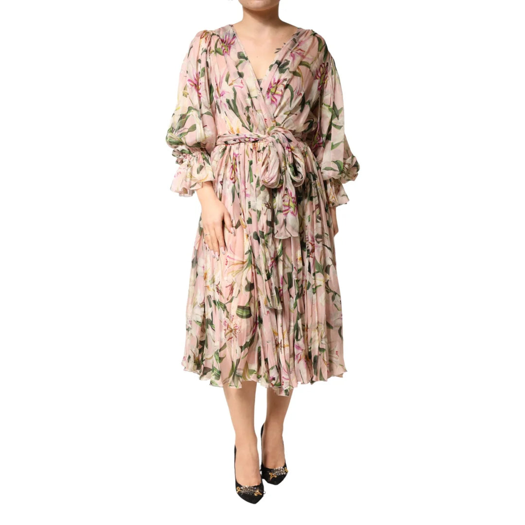 Dolce &amp; Gabbana Pink Lily Print Silk Maxi Dress with Pleated Detail