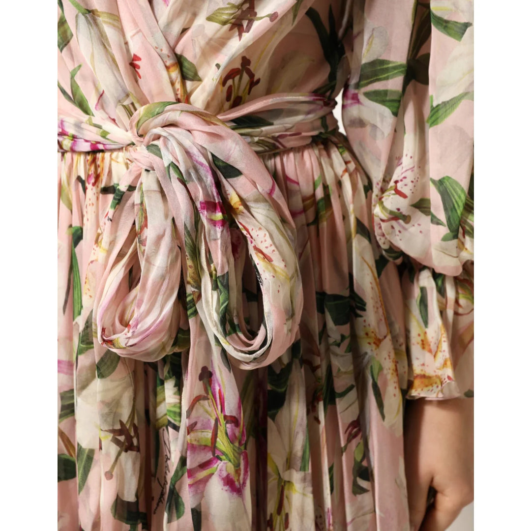 Dolce &amp; Gabbana Pink Lily Print Silk Maxi Dress with Pleated Detail