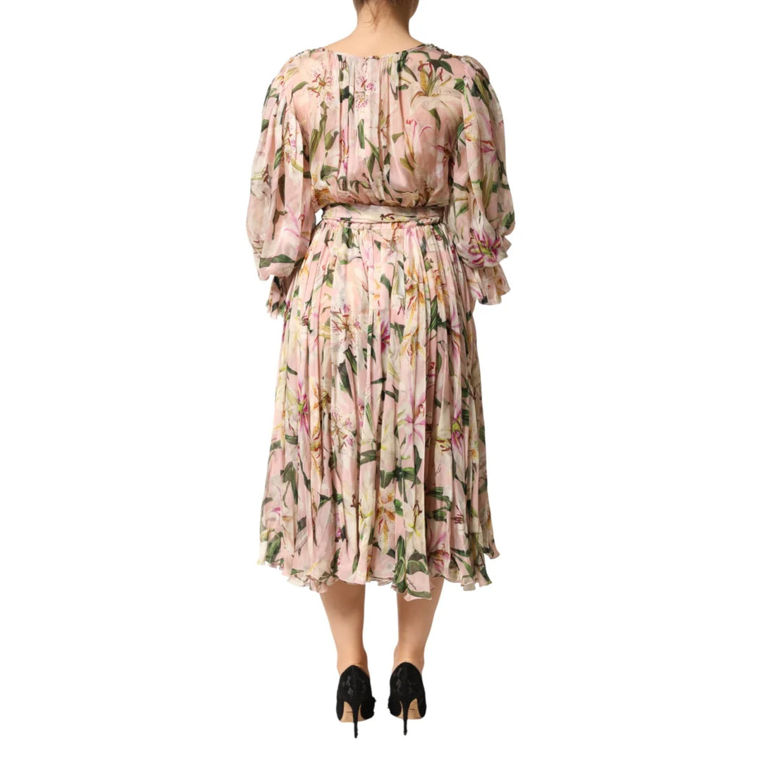 Dolce &amp; Gabbana Pink Lily Print Silk Maxi Dress with Pleated Detail