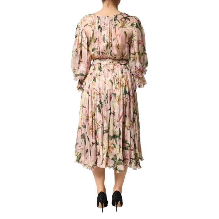 Dolce &amp; Gabbana Pink Lily Print Silk Maxi Dress with Pleated Detail