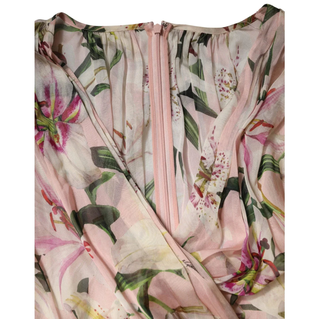 Dolce &amp; Gabbana Pink Lily Print Silk Maxi Dress with Pleated Detail