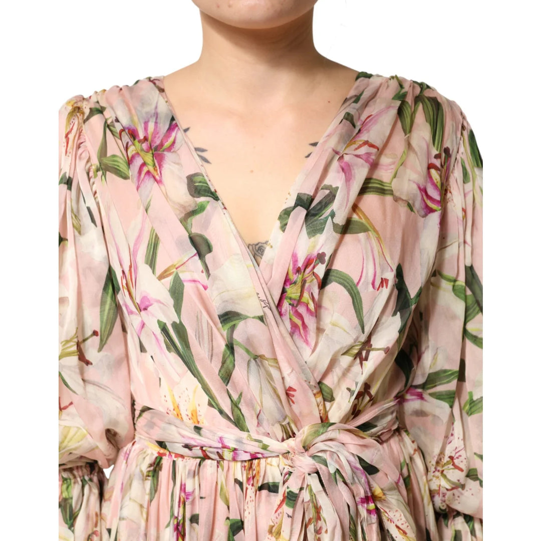 Dolce &amp; Gabbana Pink Lily Print Silk Maxi Dress with Pleated Detail