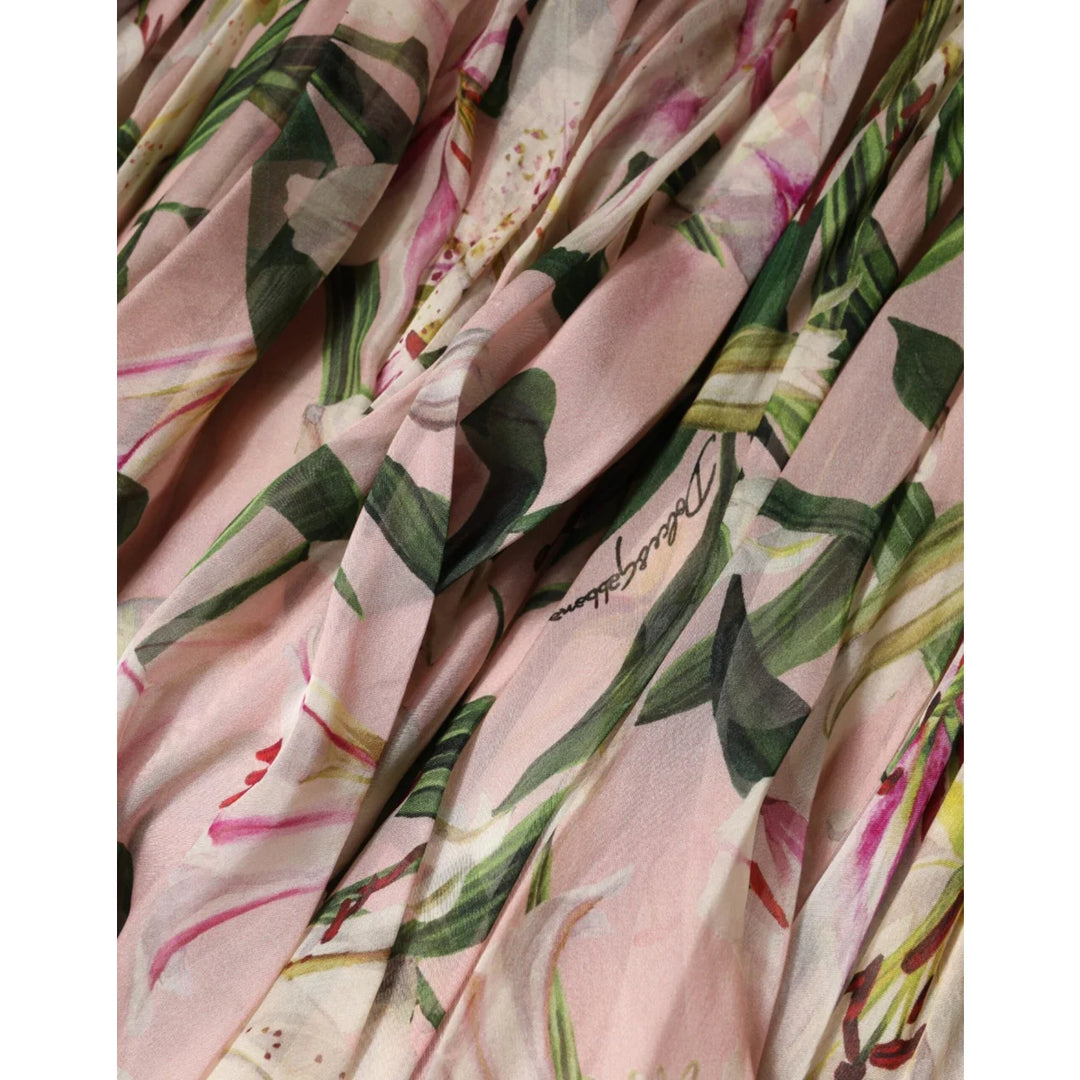 Dolce &amp; Gabbana Pink Lily Print Silk Maxi Dress with Pleated Detail