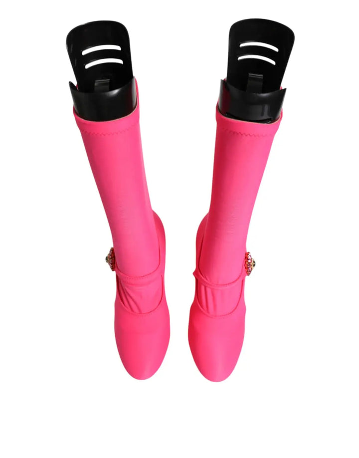Dolce &amp; Gabbana Pink Nylon Crystal Vally High Boots Shoes