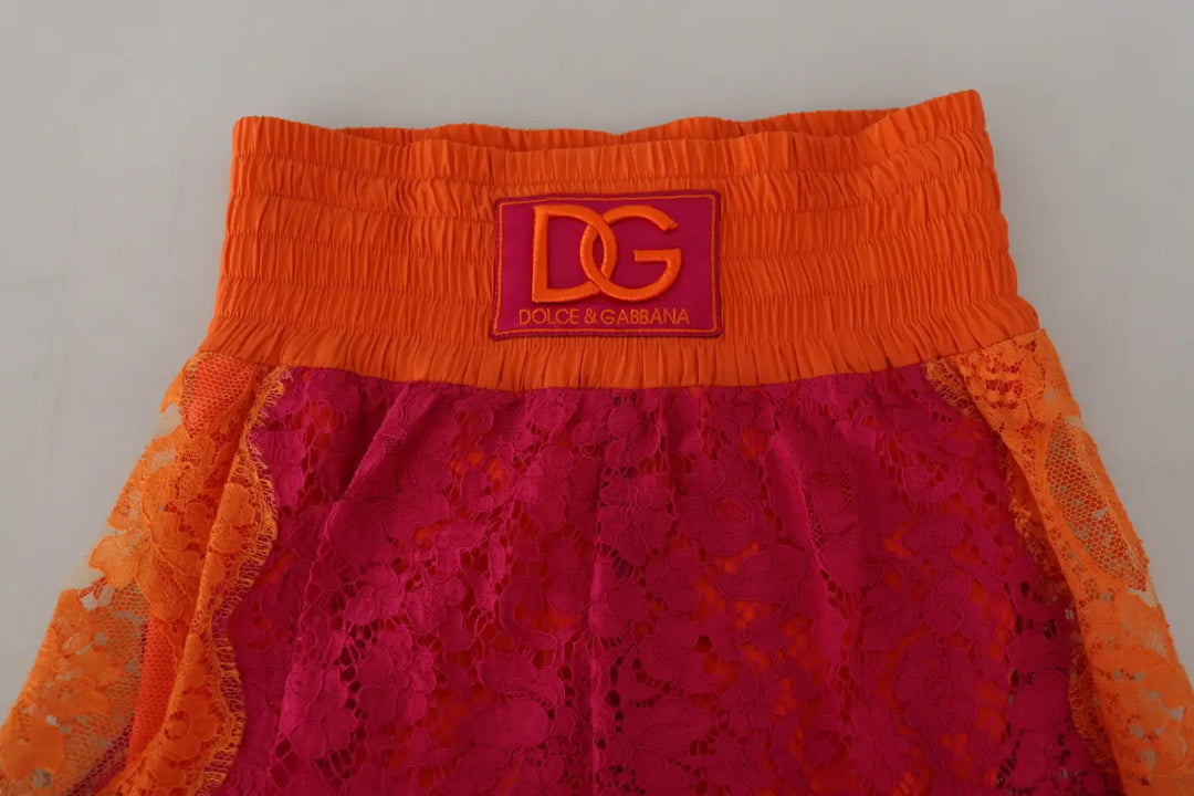 Dolce &amp; Gabbana Pink Orange Lace Cotton High Waist Shorts