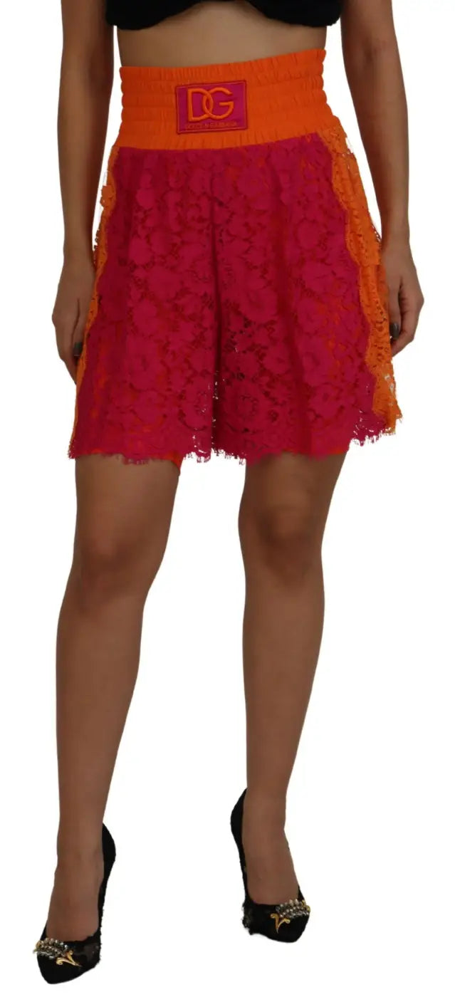 Dolce &amp; Gabbana Pink Orange Lace Cotton High Waist Shorts