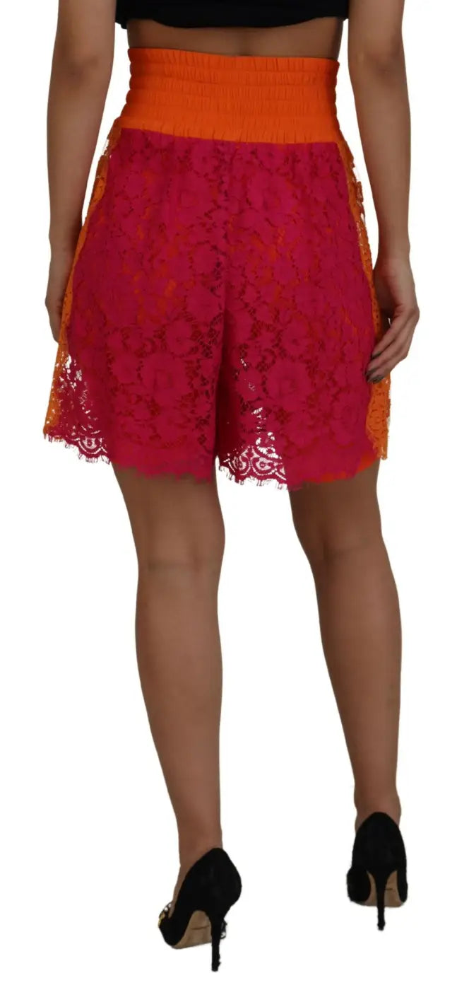 Dolce &amp; Gabbana Pink Orange Lace Cotton High Waist Shorts