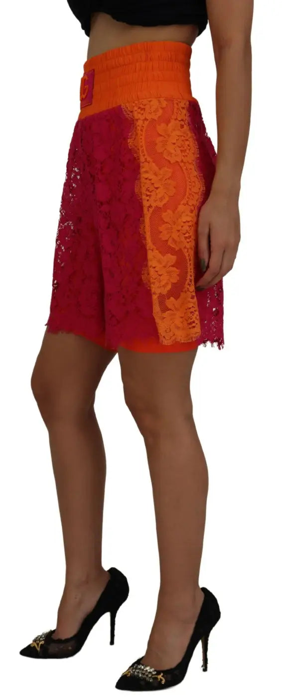 Dolce &amp; Gabbana Pink Orange Lace Cotton High Waist Shorts