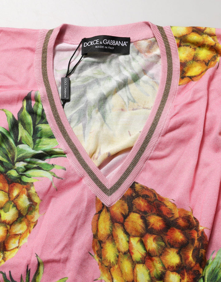 Dolce &amp; Gabbana - Pink Pineapple Vneck Short Sleeve Cropped Top