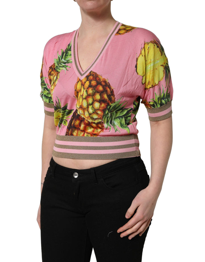 Dolce &amp; Gabbana - Pink Pineapple Vneck Short Sleeve Cropped Top