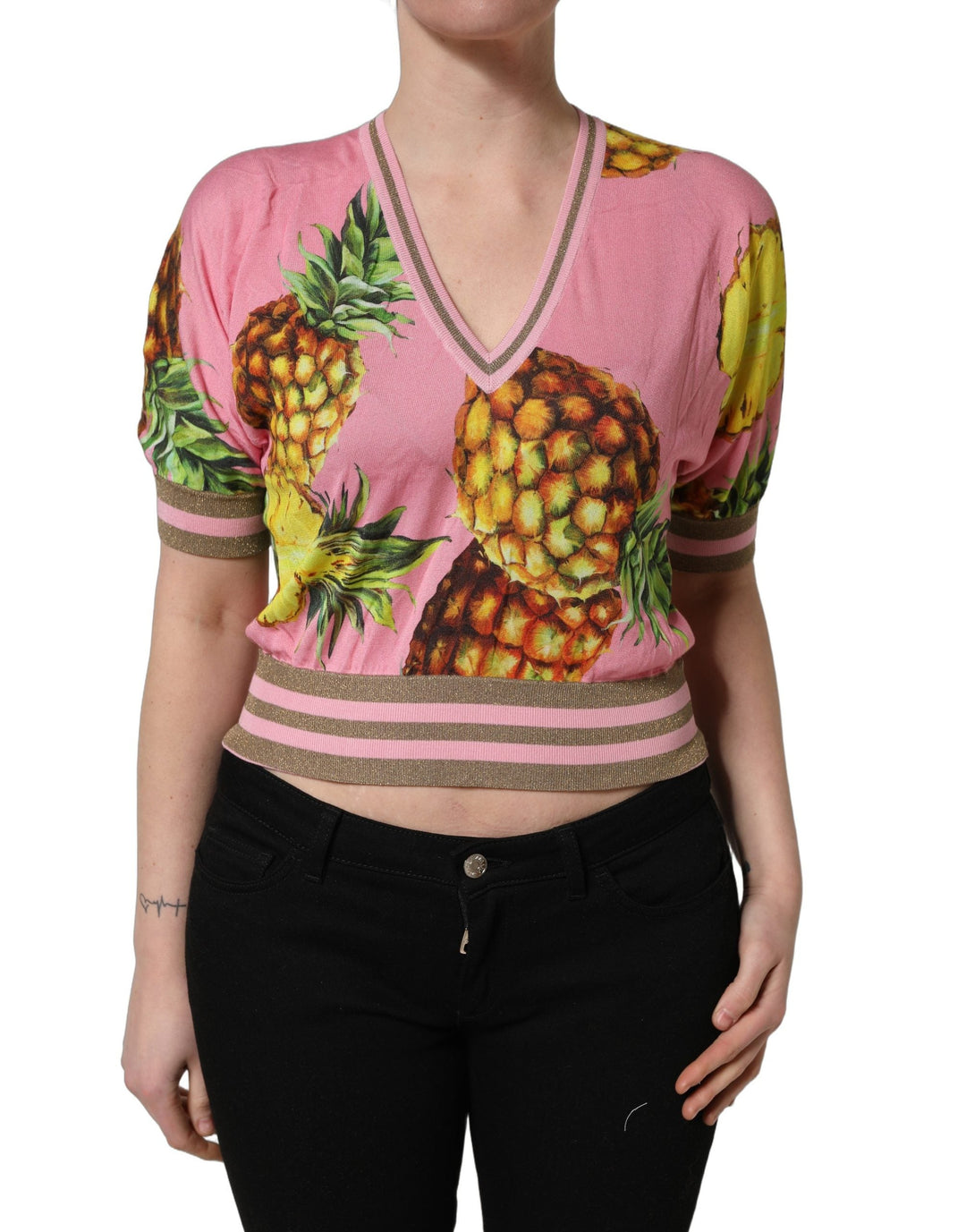 Dolce &amp; Gabbana - Pink Pineapple Vneck Short Sleeve Cropped Top