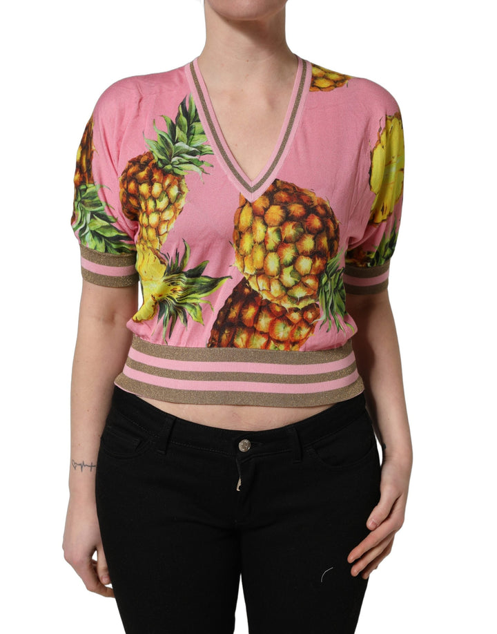 Dolce &amp; Gabbana - Pink Pineapple Vneck Short Sleeve Cropped Top