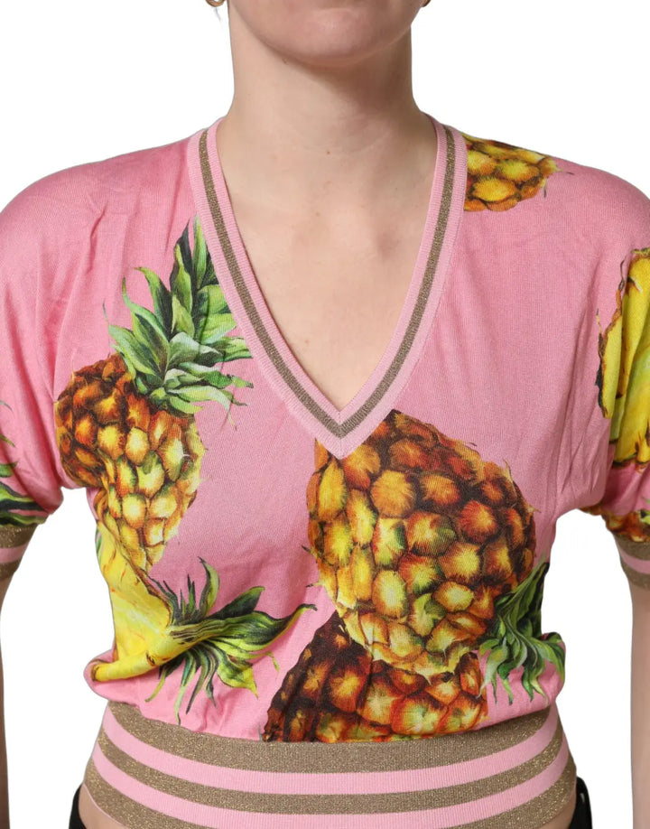 Dolce &amp; Gabbana Pink Pineapple Vneck Short Sleeve Cropped Top