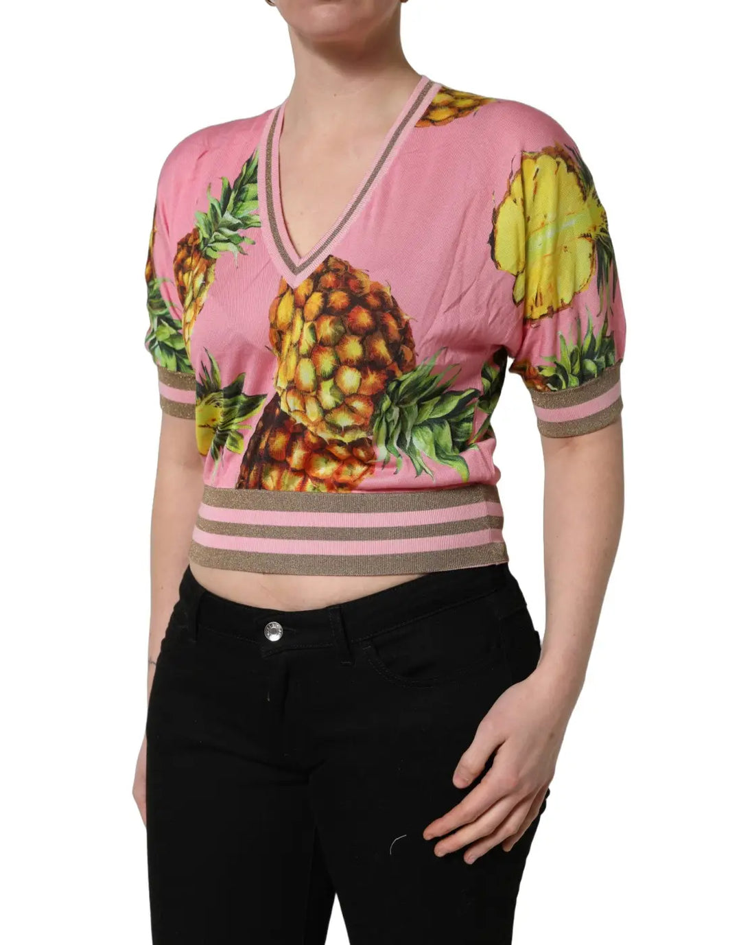 Dolce &amp; Gabbana Pink Pineapple Vneck Short Sleeve Cropped Top