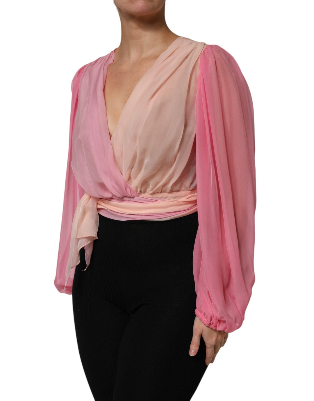 Dolce &amp; Gabbana Blouses - Women’s Pink Plunging V-neck Long Sleeves Blouse Top