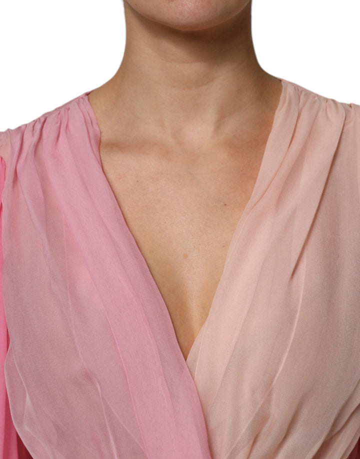 Dolce &amp; Gabbana Blouses - Women’s Pink Plunging V-neck Long Sleeves Blouse Top