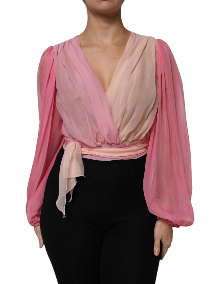 Dolce &amp; Gabbana Blouses - Women’s Pink Plunging V-neck Long Sleeves Blouse Top