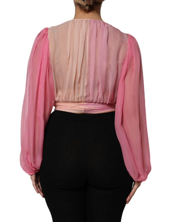 Dolce &amp; Gabbana Blouses - Women’s Pink Plunging V-neck Long Sleeves Blouse Top